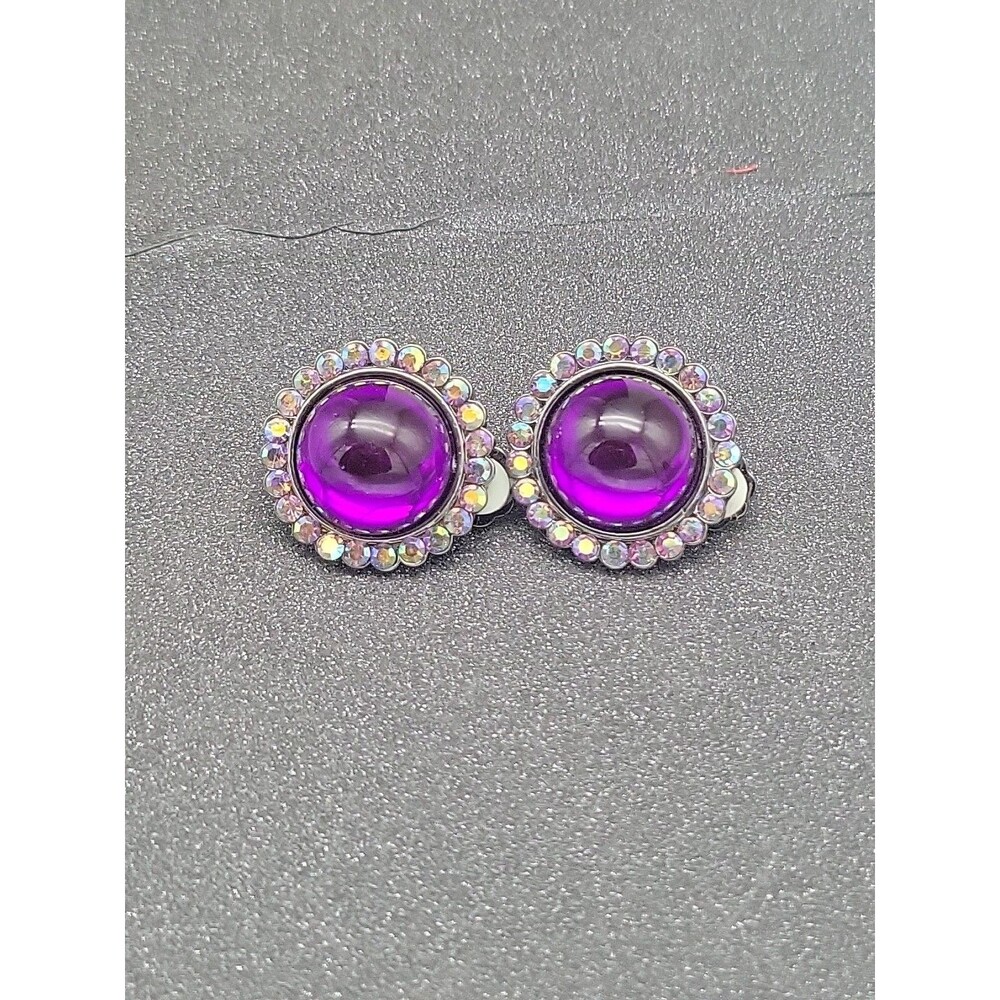 Joan Rivers Purple Cabochon Clip On Earrings AB Gunmetal Signed